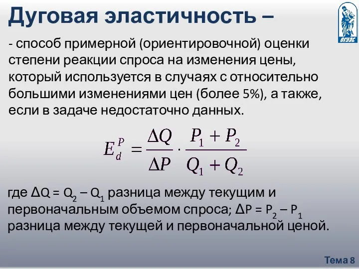 Тема 8 Дуговая эластичность – - способ примерной (ориентировочной) оценки степени