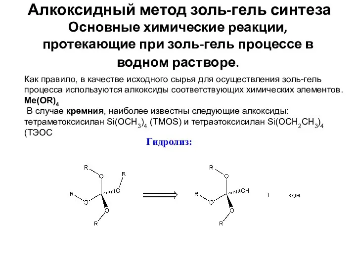 Алкоксидный метод золь-гель синтеза Основные химические реакции, протекающие при золь-гель процессе