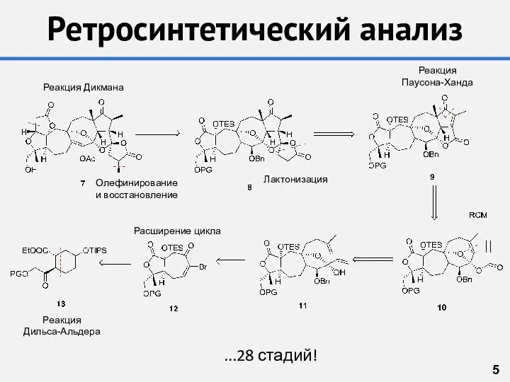 Ретросинтетический анализ 5 ...28 стадий! Реакция Дикмана Лактонизация Реакция Паусона-Ханда Расширение