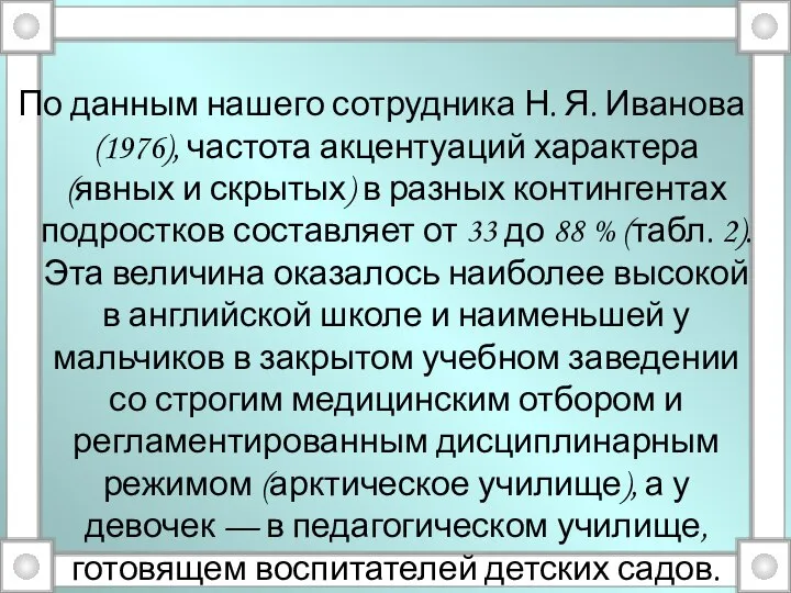 По данным нашего сотрудника Н. Я. Иванова (1976), частота акцентуаций характера