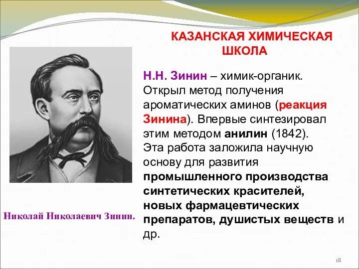 КАЗАНСКАЯ ХИМИЧЕСКАЯ ШКОЛА Н.Н. Зинин – химик-органик. Открыл метод получения ароматических