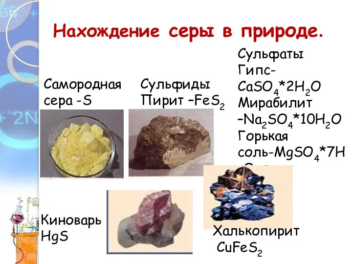 Нахождение серы в природе. Самородная сера -S Сульфиды Пирит –FeS2 Сульфаты