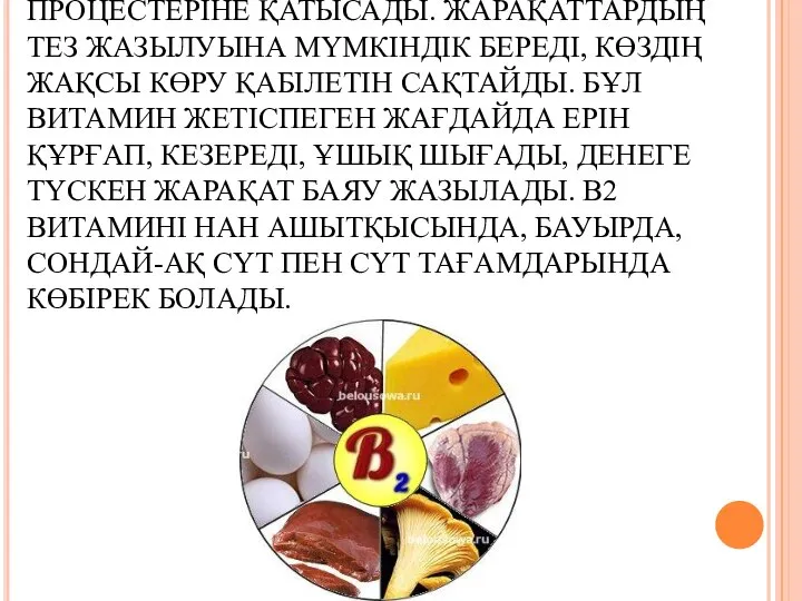 В2 ВИТАМИНІ БИОЛОГИЯЛЫҚ ТОТЫҒУ ПРОЦЕСТЕРІНЕ ҚАТЫСАДЫ. ЖАРАҚАТТАРДЫҢ ТЕЗ ЖАЗЫЛУЫНА МҮМКІНДІК БЕРЕДІ,