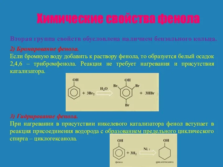 Химические свойства фенола Вторая группа свойств обусловлена наличием бензольного кольца. 2)