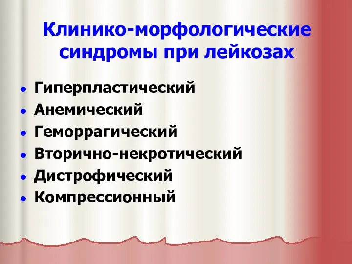 Клинико-морфологические синдромы при лейкозах Гиперпластический Анемический Геморрагический Вторично-некротический Дистрофический Компрессионный