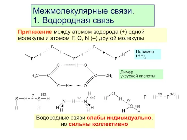 Межмолекулярные связи. 1. Водородная связь Притяжение между атомом водорода (+) одной