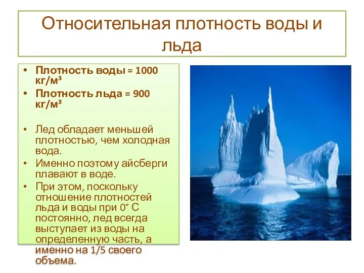 Относительная плотность воды и льда Плотность воды = 1000 кг/м³ Плотность