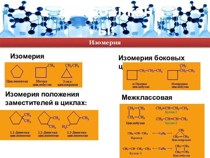 Циклоалканы: Изомерия кольца: Изомерия Изомерия боковых цепей: Изомерия положения заместителей в циклах: Межклассовая изомерия: