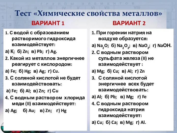 Тест «Химические свойства металлов» ВАРИАНТ 1 1. С водой с образованием