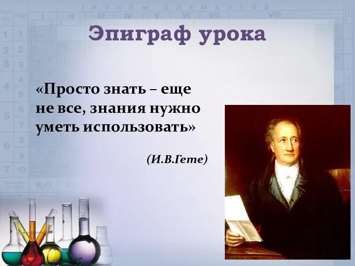 Эпиграф урока «Просто знать – еще не все, знания нужно уметь использовать» (И.В.Гете)