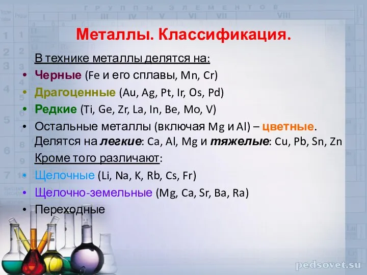 Металлы. Классификация. В технике металлы делятся на: Черные (Fe и его