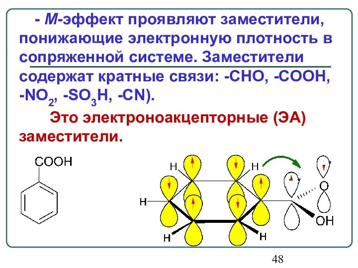 - М-эффект проявляют заместители, понижающие электронную плотность в сопряженной системе. Заместители