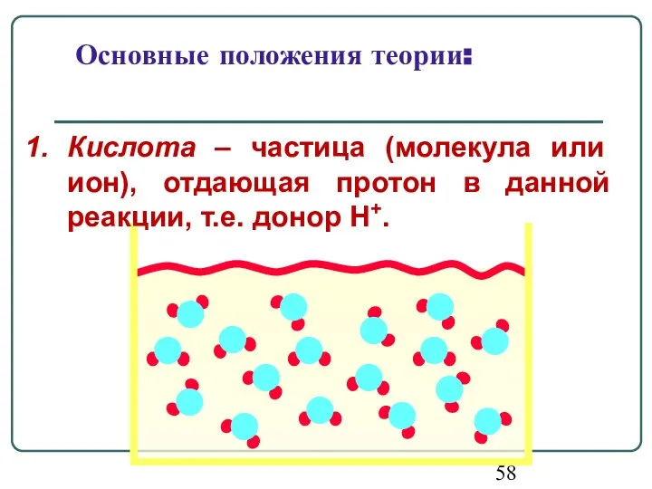 Основные положения теории: Кислота – частица (молекула или ион), отдающая протон