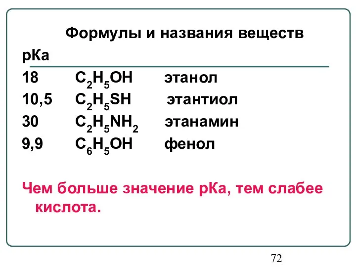 Формулы и названия веществ рКа 18 С2Н5ОН этанол 10,5 С2Н5SH этантиол