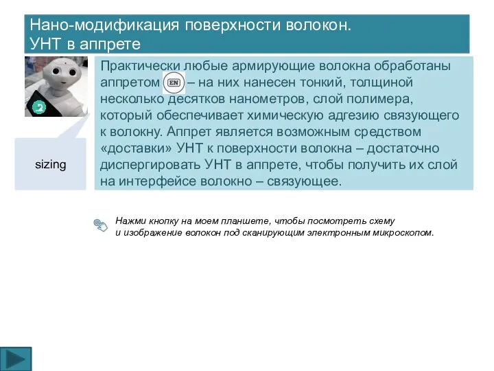 Нано-модификация поверхности волокон. УНТ в аппрете Практически любые армирующие волокна обработаны