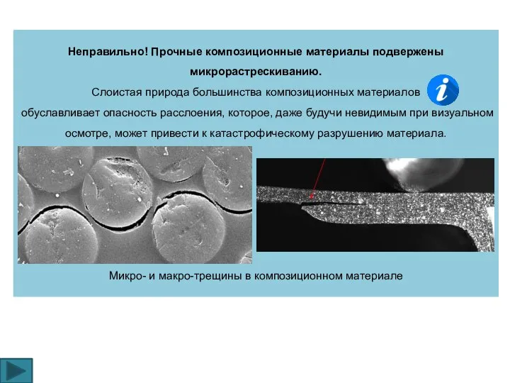 Неправильно! Прочные композиционные материалы подвержены микрорастрескиванию. Слоистая природа большинства композиционных материалов