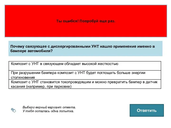 Выбери верный вариант ответа. У тебя осталась одна попытка. Почему связующее