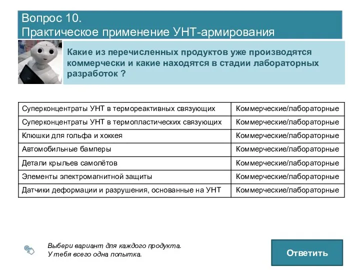 Вопрос 10. Практическое применение УНТ-армирования Выбери вариант для каждого продукта. У