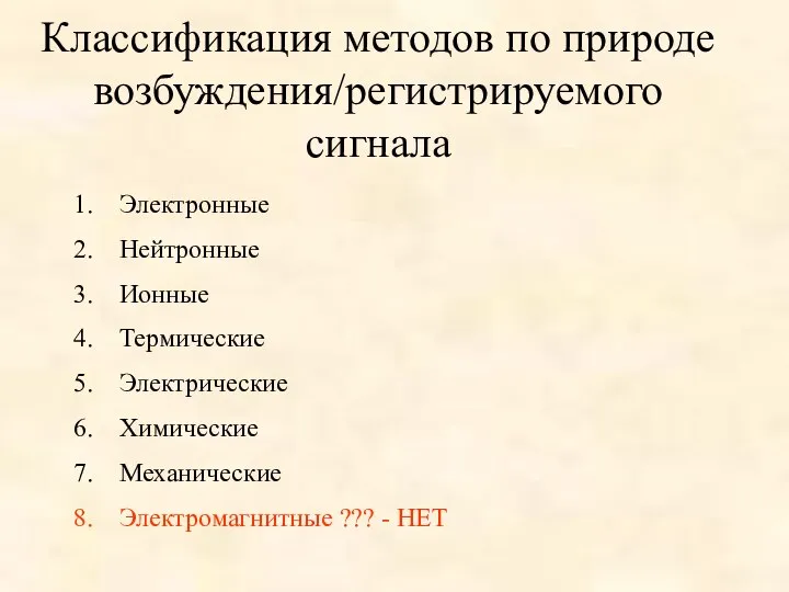 Классификация методов по природе возбуждения/регистрируемого сигнала Электронные Нейтронные Ионные Термические Электрические