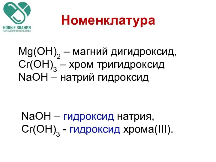 Номенклатура Mg(OH)2 – магний дигидроксид, Cr(OH)3 – хром тригидроксид NaOH –