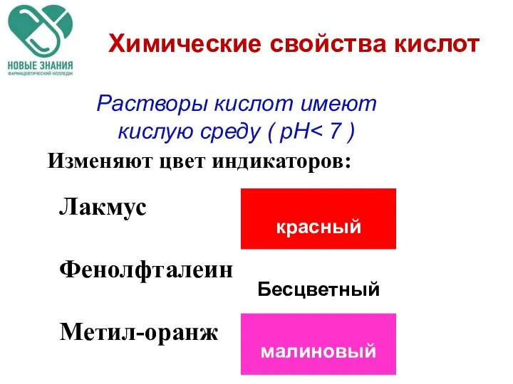 Изменяют цвет индикаторов: Химические свойства кислот Растворы кислот имеют кислую среду ( pH