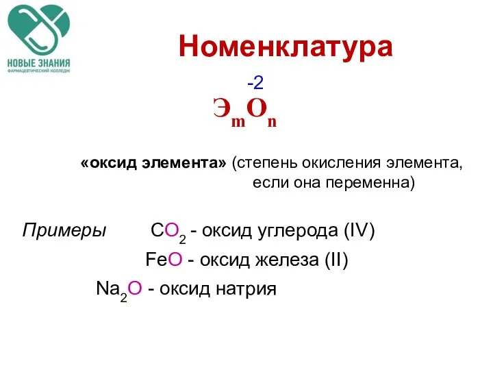 Номенклатура Примеры CO2 - оксид углерода (IV) FeO - оксид железа