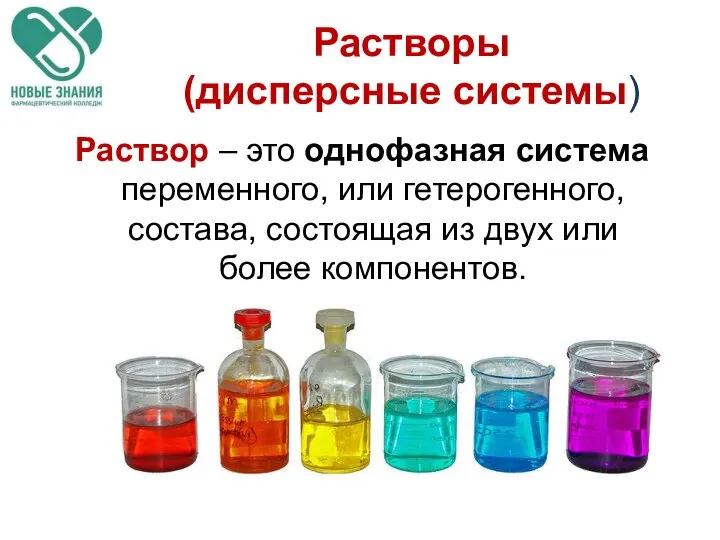 Растворы (дисперсные системы) Раствор – это однофазная система переменного, или гетерогенного,