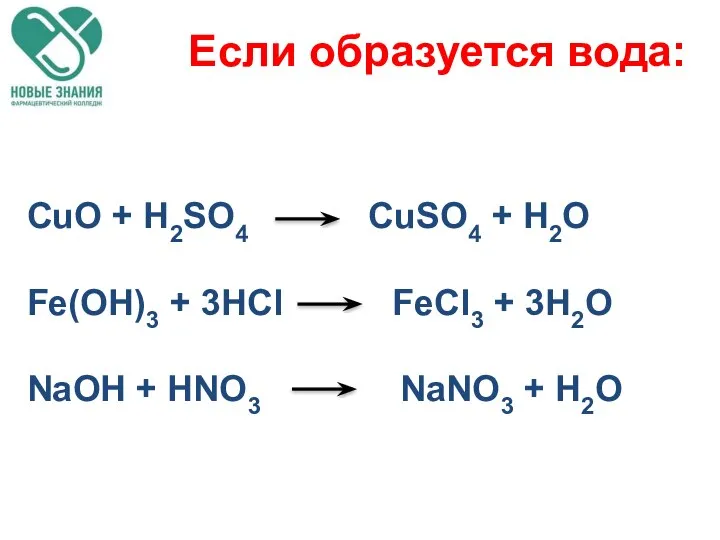 Если образуется вода: CuO + H2SO4 CuSO4 + H2O Fe(OH)3 +