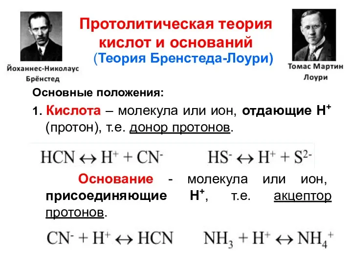 Протолитическая теория кислот и оснований (Теория Бренстеда-Лоури) Основные положения: 1. Кислота