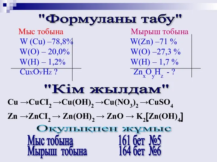 "Формуланы табу" Мыс тобына Мырыш тобына W (Cu) –78,8% W(Zn) –71