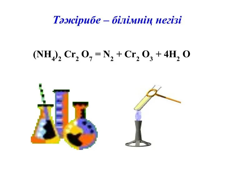 Тәжірибе – білімнің негізі (NH4)2 Cr2 O7 = N2 + Cr2 O3 + 4H2 O