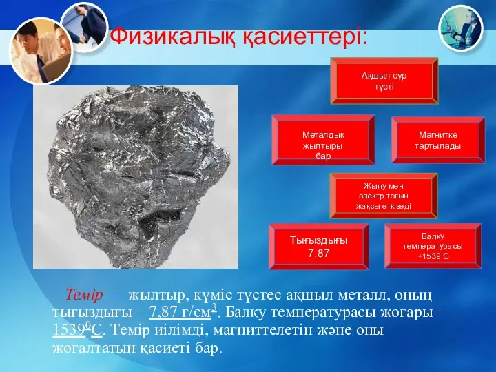 Темір – жылтыр, күміс түстес ақшыл металл, оның тығыздығы – 7,87