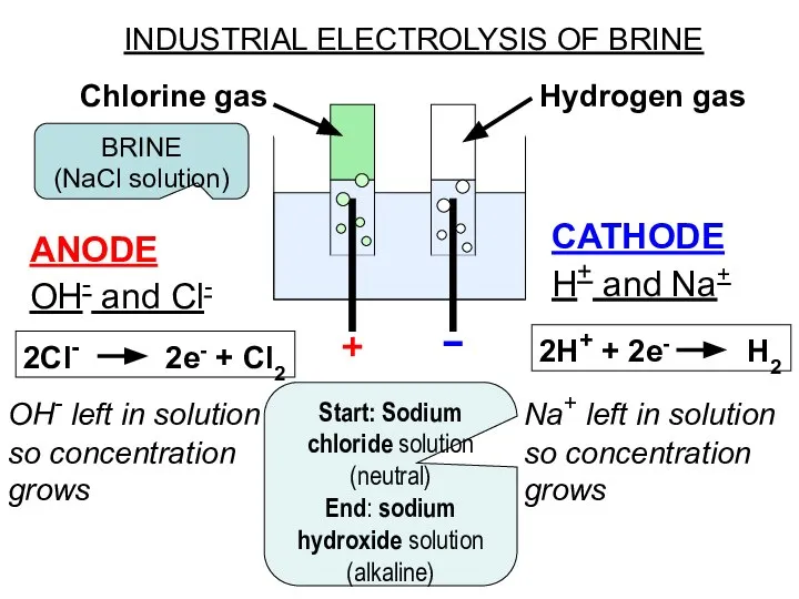 INDUSTRIAL ELECTROLYSIS OF BRINE ANODE OH- and Cl- 2Cl- 2e- +