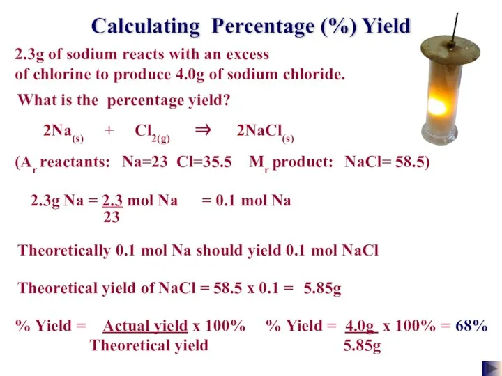 Calculating Percentage (%) Yield 2.3g of sodium reacts with an excess