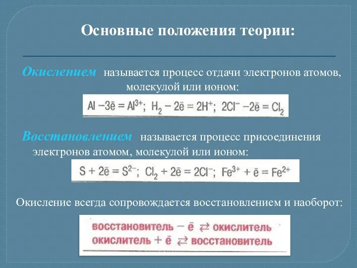 Основные положения теории: называется процесс отдачи электронов атомов, молекулой или ионом: