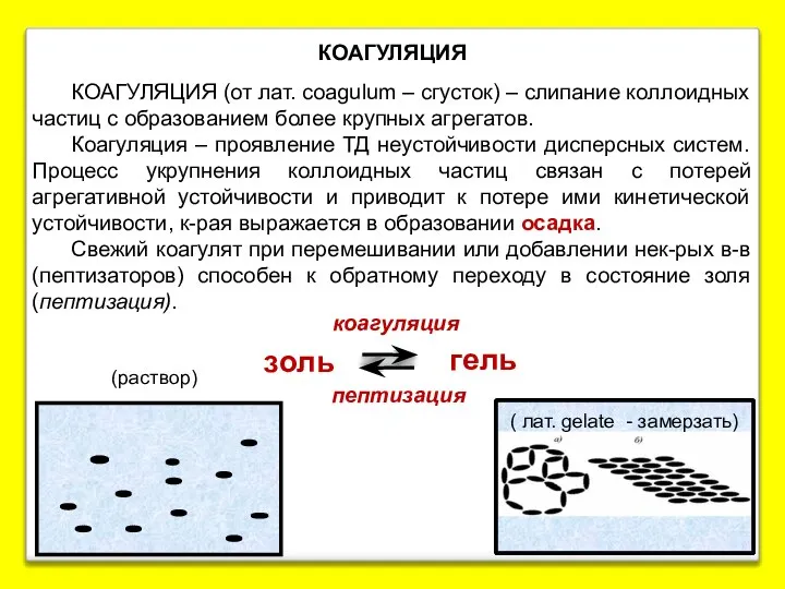 КОАГУЛЯЦИЯ КОАГУЛЯЦИЯ (от лат. coagulum – сгусток) – слипание коллоидных частиц