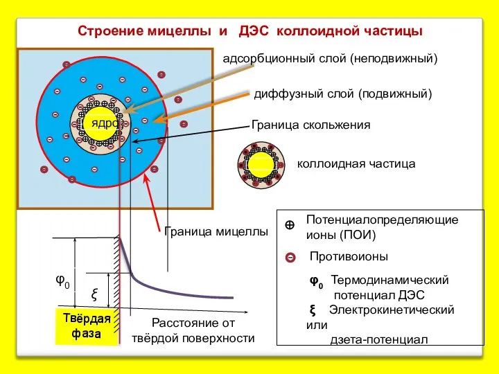 Твёрдая фаза Расстояние от твёрдой поверхности Граница скольжения Потенциалопределяющие ионы (ПОИ)