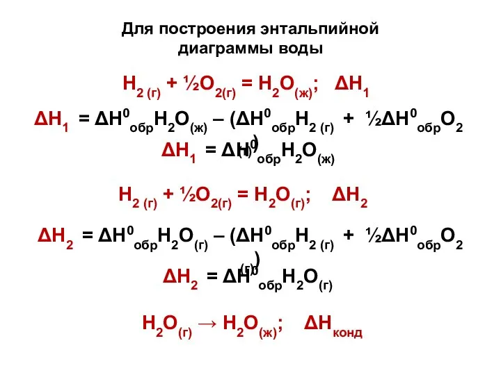 Н2 (г) + ½О2(г) = Н2О(ж); ΔН1 ΔН1 = ΔН0обрН2О(ж) –