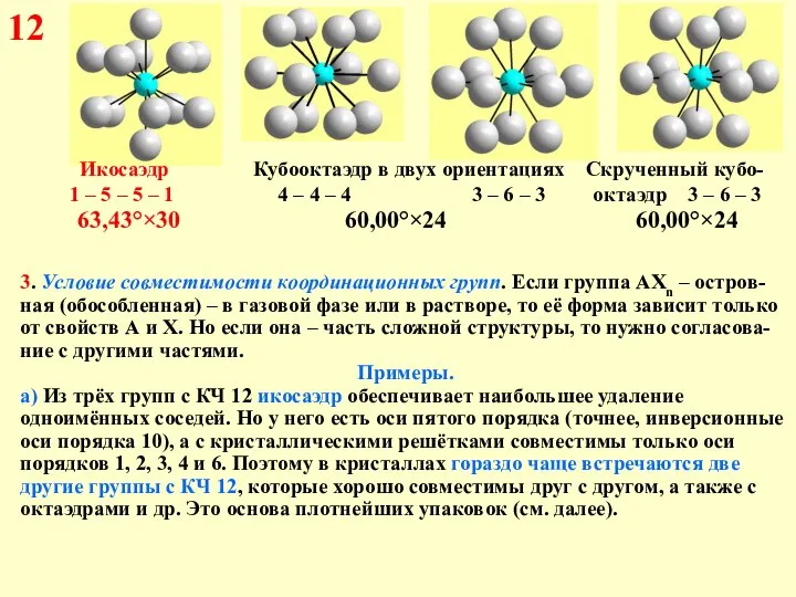 12 Икосаэдр Кубооктаэдр в двух ориентациях Скрученный кубо- 1 – 5