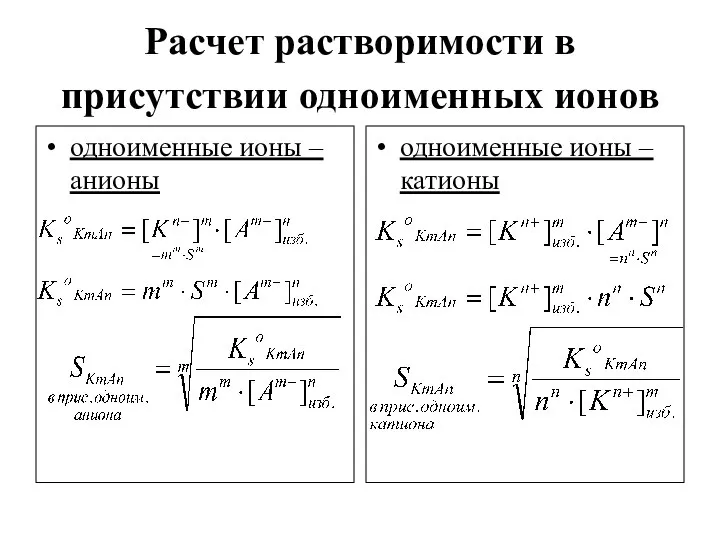 Расчет растворимости в присутствии одноименных ионов одноименные ионы – анионы одноименные ионы – катионы