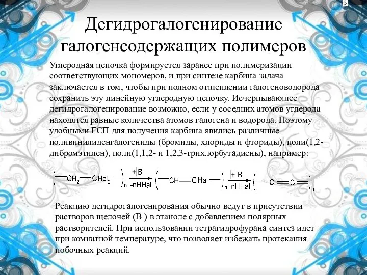 Дегидрогалогенирование галогенсодержащих полимеров Углеродная цепочка формируется заранее при полимеризации соответствующих мономеров,