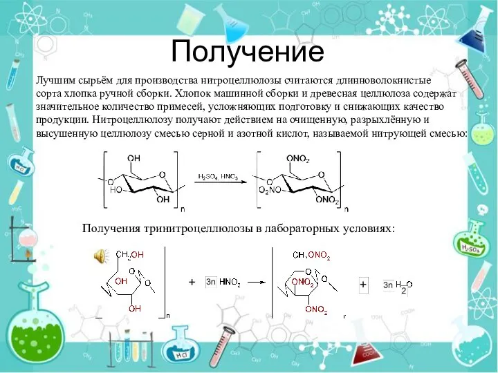 Получение Лучшим сырьём для производства нитроцеллюлозы считаются длинноволокнистые сорта хлопка ручной