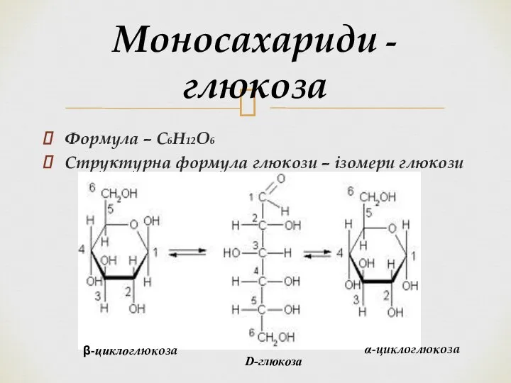 Формула – С6H12О6 Структурна формула глюкози – ізомери глюкози Моносахариди - глюкоза β-циклоглюкоза α-циклоглюкоза D-глюкоза