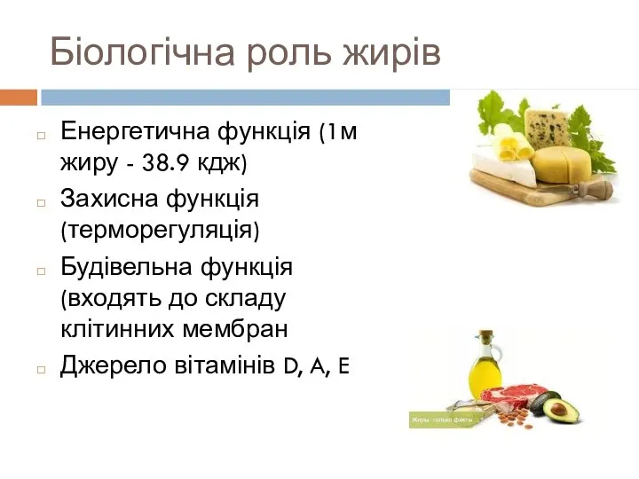 Біологічна роль жирів Енергетична функція (1м жиру - 38.9 кдж) Захисна