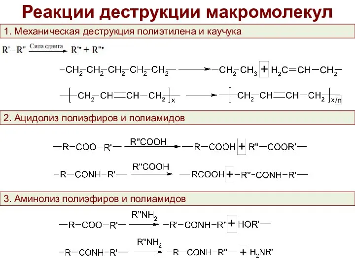 Реакции деструкции макромолекул 1. Механическая деструкция полиэтилена и каучука 2. Ацидолиз