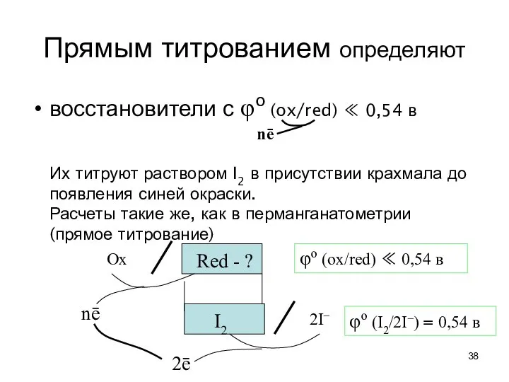 Прямым титрованием определяют восстановители с φo (ox/red) ≪ 0,54 в Их