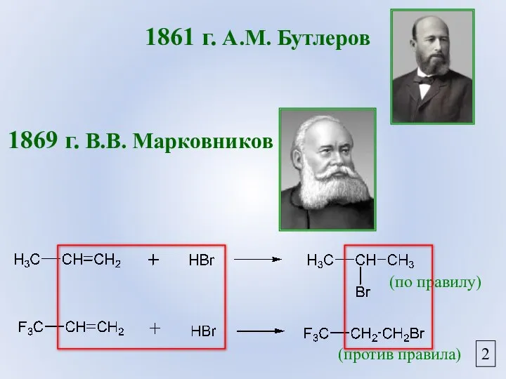 1861 г. А.М. Бутлеров 1869 г. В.В. Марковников 2 (по правилу) (против правила)