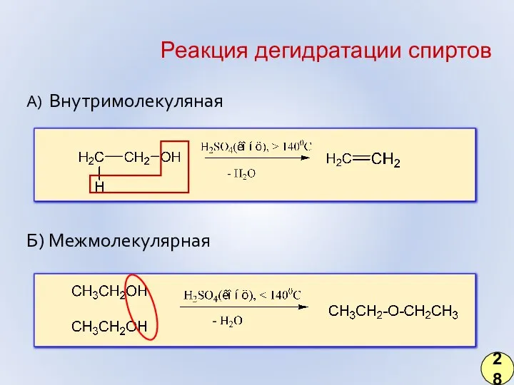 Реакция дегидратации спиртов А) Внутримолекуляная Б) Межмолекулярная 28