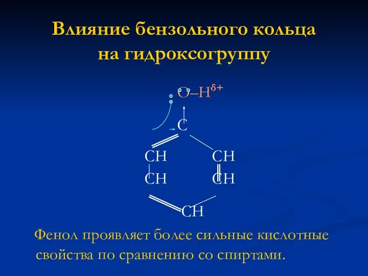 Влияние бензольного кольца на гидроксогруппу О–Нδ+ С СН СН СН СН