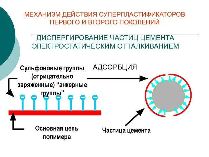 ДИСПЕРГИРОВАНИЕ ЧАСТИЦ ЦЕМЕНТА ЭЛЕКТРОСТАТИЧЕСКИМ ОТТАЛКИВАНИЕМ Основная цепь полимера Сульфоновые группы (отрицательно